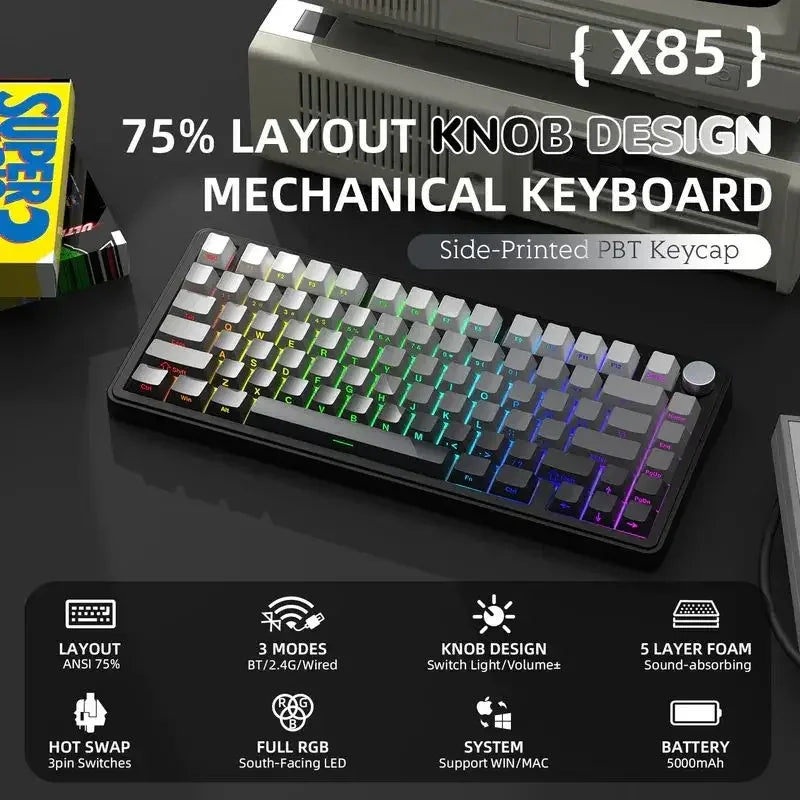 Klawiatura mechaniczna ATTACK SHARK X85, RGB, trójtrybowa, z wymiennymi klawiszami